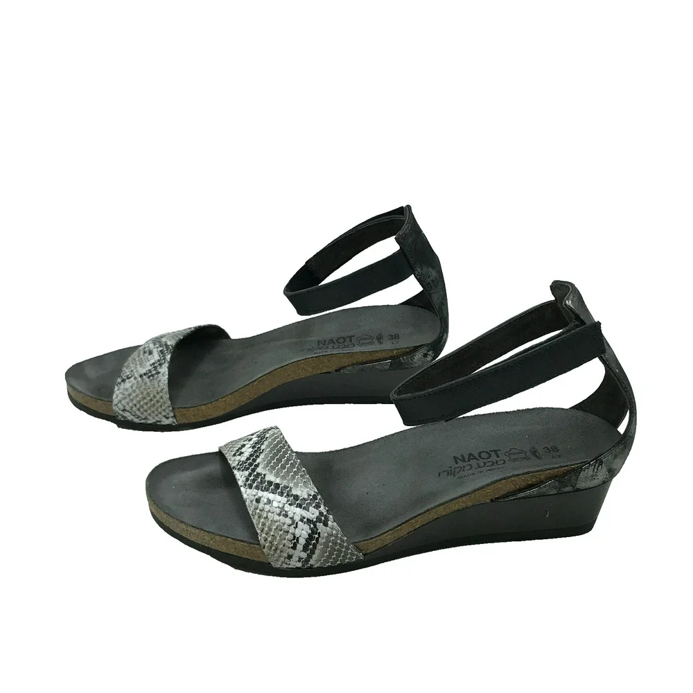 Naot Pixie Wedge Sandal Women's 38 (7) Black Cobra Snake Print Cork Footbed